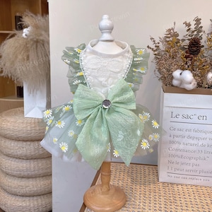 Spring Green Daisy Flower Dog Dress, Summer Dog Tutu Dress, Cat Dog Wedding Dress, Cat Dog Birthday Outfit Dog Quinceanera Party Pet Clothes