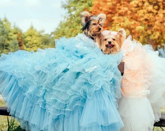 3D Butterflies Long Trailing Gown, Cat Dog Wedding Dress Floor Length, Dog Princess Costume, Dog Birthday Outfit, Puppy Pet Clothes Blue