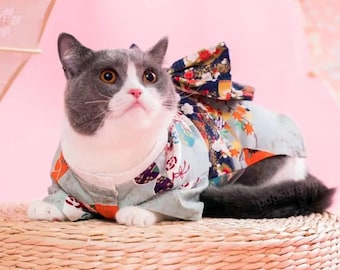猫用和風着物、セージグリーンの花柄コットン製ペット用浴衣、桜祭り