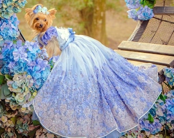 Dog Wedding Flower Long Trail Dress Custom Size, 3D Floral Blue Tulle Fancy Gown for Large Dogs Cats, Dog Birthday Quinceanera Pet Clothes