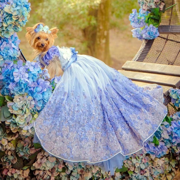 Dog Wedding Flower Long Trail Dress Custom Size, 3D Floral Blue Tulle Fancy Gown for Large Dogs Cats, Dog Birthday Quinceanera Pet Clothes