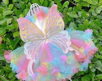 Butterfly Rainbow Fairy Costume, Dog Halloween Costume Magic Rainbow Fairy, Dog Fairy Tutu Dress with Wings, Pet Cosplay Party Prom Gown