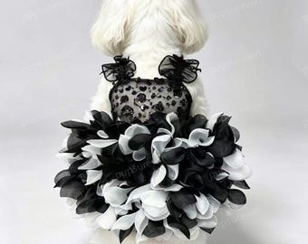 Black White Floral Pet Dress Custom Size, Chiffon Petal Evening Gown for Dogs Cats Wedding Birthday