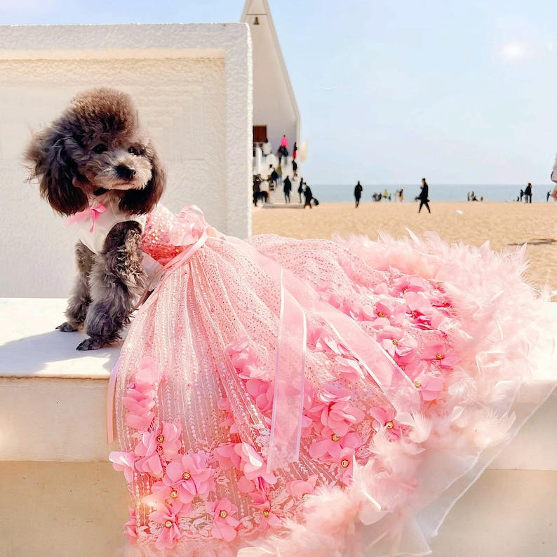 Dog 3D Flower Long Trailing Dress, Pink Floral Feather Dress Floor Length, Cat Dog Wedding Costume Princess Dog Birthday Outfit, Pet Clothes image 1