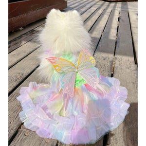 Aanpasbare vlinder regenboog fee kostuum hond halloween kostuum magische regenboog fee, hond fee tutu jurk met vleugels, huisdier cosplay jurk