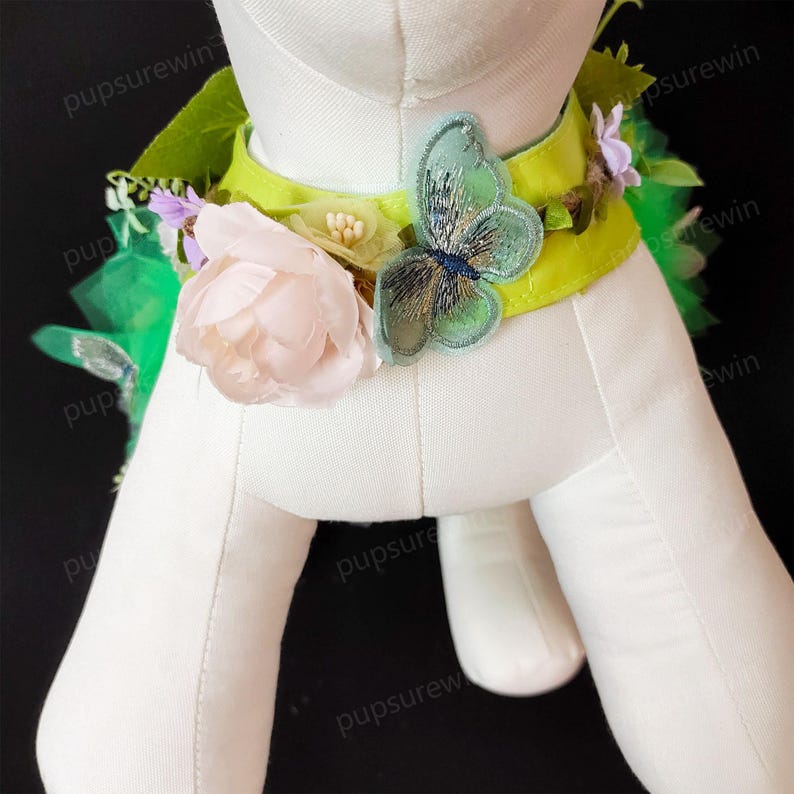 May include: A green and white dog collar with a pink flower, green leaves, and a blue butterfly applique.