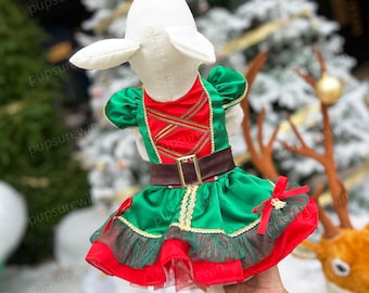 Kersthondkostuum Xmas Pet-outfit, aangepaste groen-rode satijnen jurk voor honden en katten