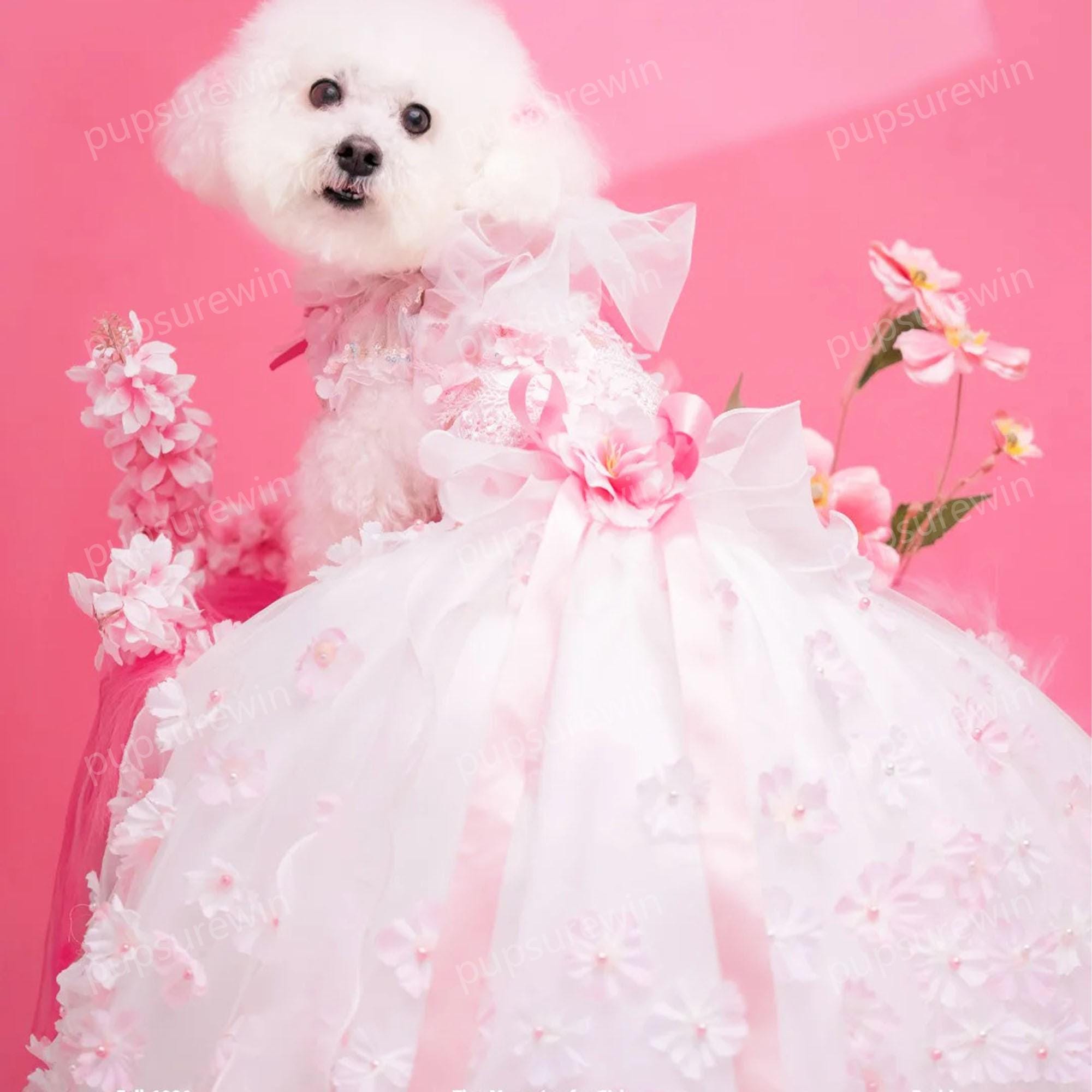 Custom Dog Wedding Dress - Pink 3D Floral Gown With Long Train for