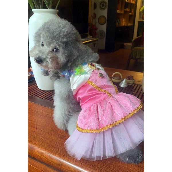 Cat Dog Princess Dress, Sleeping Beauty Inspired Halloween Costume Pet, Dog Cosplay Party Ballgown, Kitten Puppy Pet Birthday Outfit Pink