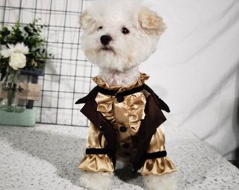 Dog Wedding Attire Dog Formal Suit Brown Jacket and Golden Shirt, Cat Dog Prince Costume Halloween, Custom-made Puppy Dog Tuxedo Pet Clothes