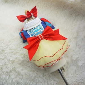 Halloween Dog Costume Inspired from Snow Princess, Blue Dress with Red Bow, Yellow Tulle Dress for Dogs and Cats, Custom Sizing Pets Clothes