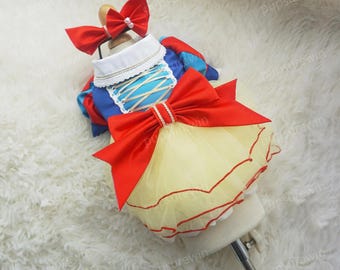 Halloween Dog Costume Inspired from Snow Princess, Blue Dress with Red Bow, Yellow Tulle Dress for Dogs and Cats, Custom Sizing Pets Clothes