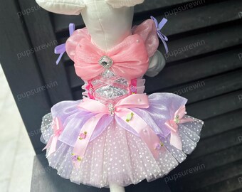 Custom Pet Princess Dress, Dog Cat Fairytale Costume for Halloween Parade, Pink Lavender Sparkly Ballerina Tutu Pet Birthday Wedding Attire
