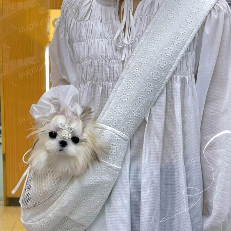 May include: A white, lacy pet carrier with a small white dog inside. The carrier has a strap that goes over the shoulder. The dog is wearing a white headband with a sparkly gem.