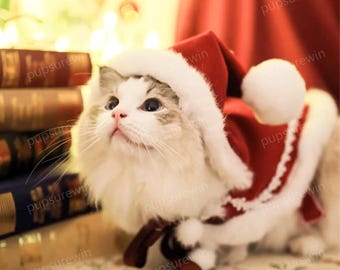 Cat Christmas Santa Costume, Red Velvet Hooded Cape for Cats and Dogs, Xmas Hoodie Cloak Christmas Outfit, Xmas Gift Pet Winter Clothes