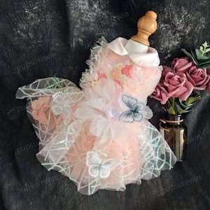 Benutzerdefinierte Hund Hochzeitskleid, 3D Schmetterlinge Pfirsich Tüll Kleid für Hunde und Katzen, Haustiere Kleidung Blumen Fee Kostüm Hund Geburtstag Outfit Prinzessin