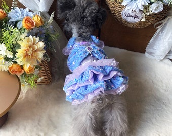 Halloween Dog Princess Costume Inspired from Little Mermaid, Sparkling Blue Tutu Dress for Dog, Cat Dog Birthday Outfit Pet Clothes Custom