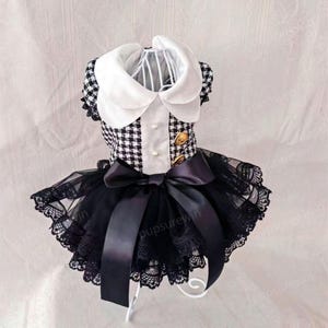 K&ouml;nnte beinhalten: Ein schwarz-wei&szlig; kariertes Kleid mit wei&szlig;em Kragen und goldenen Kn&ouml;pfen. Das Kleid hat einen schwarzen T&uuml;llrock mit Spitzenbesatz und eine schwarze Schleife aus Satin.