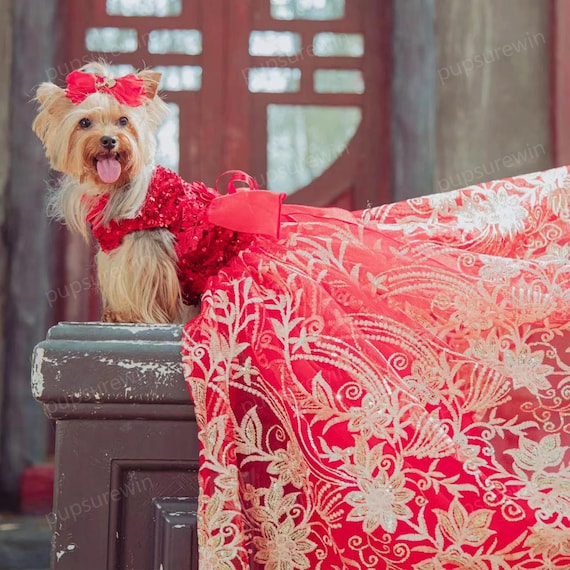 Dog Wedding Dress Custom Size,pet Long Trailing Gown Red Sequin