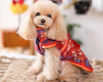 Dog Cheongsam Dog Qipao Red, Vintage Flower Embroidered Dress for Dogs Cats, Pet New Year Costume Chinese Spring Festival Pet Clothes Custom