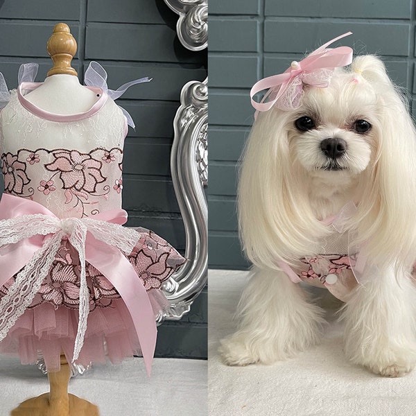 Dog Wedding Dress Dusty Pink, Summer Breathable Hibiscus Flower Embroidered Fancy Dog Dress, Cat Dog Birthday Quinceanera Outfit Pet Clothes
