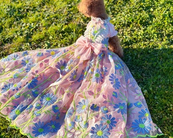 Dog Flower Dress Long Trailing Gown Pink, Multi Floral Floor Length Dress, Cat Dog Wedding Dress Dog Birthday Quinceanera Outfit Pet Clothes