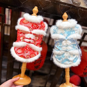Chinese New Year Costume Dog Cheongsam, Spring Festival Red Fancy Carp Coat for Large Dogs and Cats, Custom Pets Clothes Winter Jacket Blue