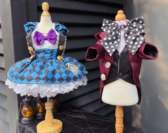 Halloween Mad Hatter Costume for Dogs and Cats, Custom Pets Clothes, Pet Cosplay Party Outfit Burgundy Blazer & Oversized Polka Dot Bow Tie