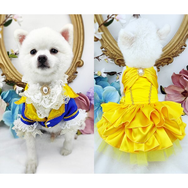 Belle Princess Dog Dress Beauty and the Beast Inspired Pet Halloween Costume, Yellow Ballgown & Blue Tuxedo Coat, Pet Cosplay Outfit Custom