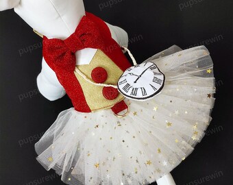 Halloween Dog Costume Inspired from White Rabbit, Glam Red Gold Blazer White Starry Tutu Dress for Dog and Cats, Custom Sizing Pets Clothes