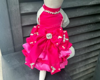 Custom Fuchsia Rhinestone Pet Dress, Satin Wedding Gown for Small Medium Large Dogs & Cats