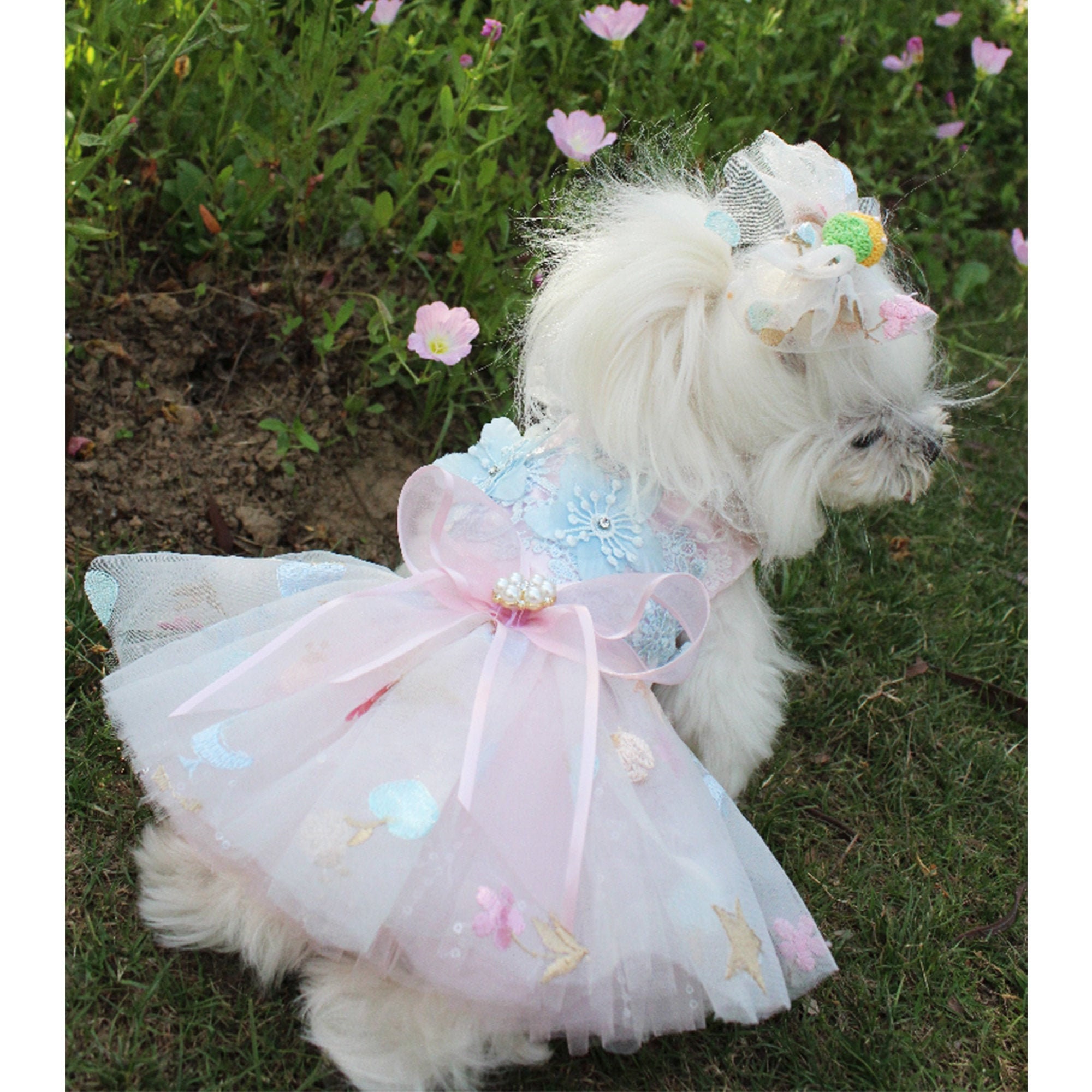 Tutu Flower and Sequin Dot Wedding Lace Dress Luxury Bow Dress for Small Dog Girl Rdc Pet Dog Dress Puppy Skirt Dog Princess Dresses 