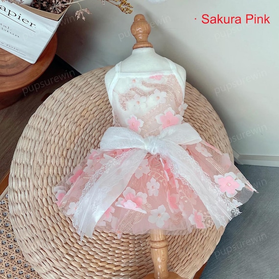 Summer Dog Wedding Dress Custom Size, 3D Flower Peach Pink Tulle