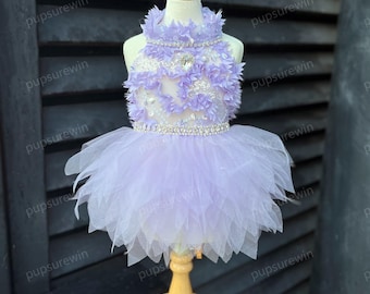Lavender Fairy Pet Tutu Custom Size for Dogs Cats, Luxury Rhinestone Floral Wedding Dress