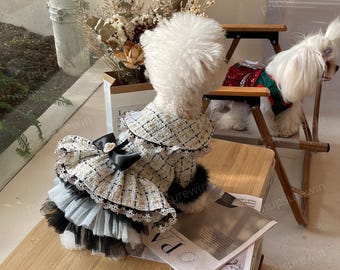 Beige Tweed Dog Dress Custom Size, Tweed Dog Coat with Long Sleeves, 1960s Vintage Costume for Large Dogs and Cats, Fall Winter Pet Clothes