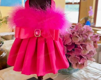 Fuchsia Satin Dog Party Dress with Ostrich Feathers, Hot Pink Pet Wedding Dress Customizable