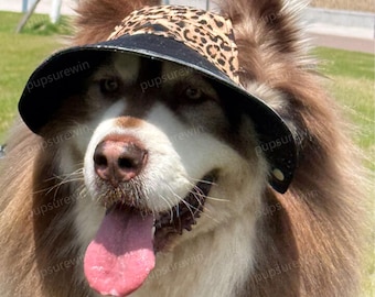 Sun Hat for Medium Large Dogs, Leopard Bucket Hat with Ear Holes, Pet Visor
