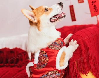 Chinese New Year Outfit for Corgi, Medium Large Dogs Red Sleeveless Coat Customizable Fit