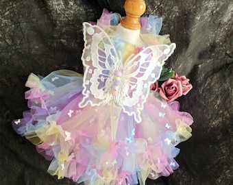 3D Butterfly Tulle Dress with Wings, Tinkerbell Fairy Inspired Dog Costume, Cat Dog Halloween Cosplay Party Gown, Puppy Pet Birthday Outfit