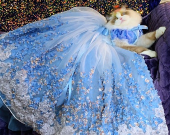 Cat Wedding Long Train Dress Custom Size, 3D Flower Floral Blue Tulle Fancy Gown for Large Dogs and Cats, Birthday Quinceanera Pet Clothes