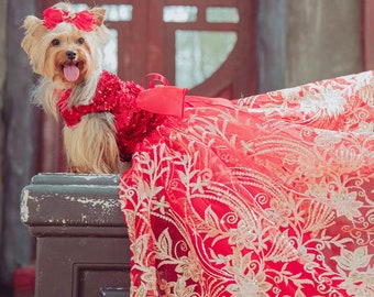 Cat Dog Wedding Dress, Pet Long Trailing Gown Red Sequin Gold Flower Embroidery Tulle Dress,Dog Princess Costume,Birthday Pet Clothes Luxury