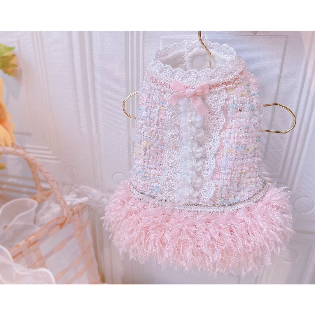 Pink Tweed Dog Dress, Pink Feather Evening Gown for Dog, Coco Princess