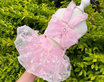 Dog Wedding Dress Custom Size, Sparkly Pink Tulle Dress for Large Dogs Cats, Puppy Birthday Party Outfit Princess Costume Summer Pet Clothes