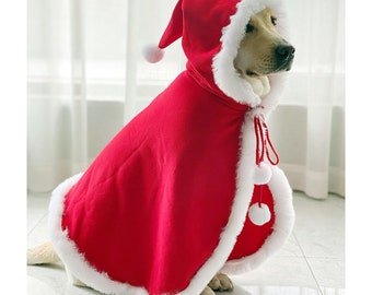 Large Dog Christmas Santa Costume, Red Velvet Hooded Cape for Dogs Cats, Samoyed Golden Retriever Labrador Husky Winter Clothes Hoodie Cloak