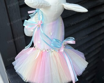 Custom Size Cat Dog Fairy Tutu Dress, Pastel Rainbow Sparkly Rhinestone Pet Party Outfit