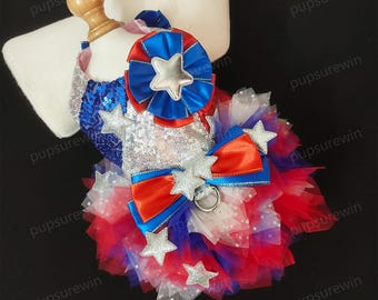 Unabhängigkeitstag Haustiergeschirr-Kleid, 4. Juli-Feier-Hundegeschirr-Tutu-Kleid, benutzerdefinierte Haustierkleidung, Karnevalsparty-blau-rotes Kostüm