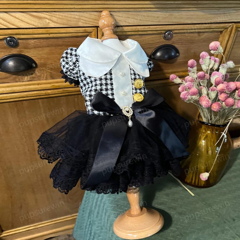 K&ouml;nnte beinhalten: Ein schwarz-wei&szlig; kariertes Kleid mit wei&szlig;em Kragen und schwarzer Schleife. Das Kleid hat einen schwarzen T&uuml;llrock mit Spitzenbesatz und goldenen Kn&ouml;pfen.