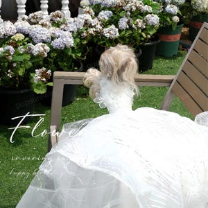 Hundehochzeitskleid funkelndes weißes langes Zugkleid, 3D Blumenbrautkostüm für Katzen & große Hunde, benutzerdefinierte Haustierkleidung Hundegeburtstags-Outfit