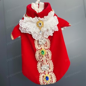 Red Velvet Pet Tuxedo with White Lace Bandana Bib, Halloween Royal Prince Costume for Dogs Cats, Custom Pets Clothes Wedding Birthday Outfit