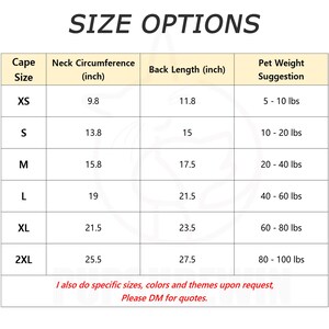 May include: A chart showing size options for a cape, with columns for cape size, neck circumference in inches, back length in inches, and pet weight suggestion in pounds. The sizes are XS, S, M, L, XL, and 2XL.